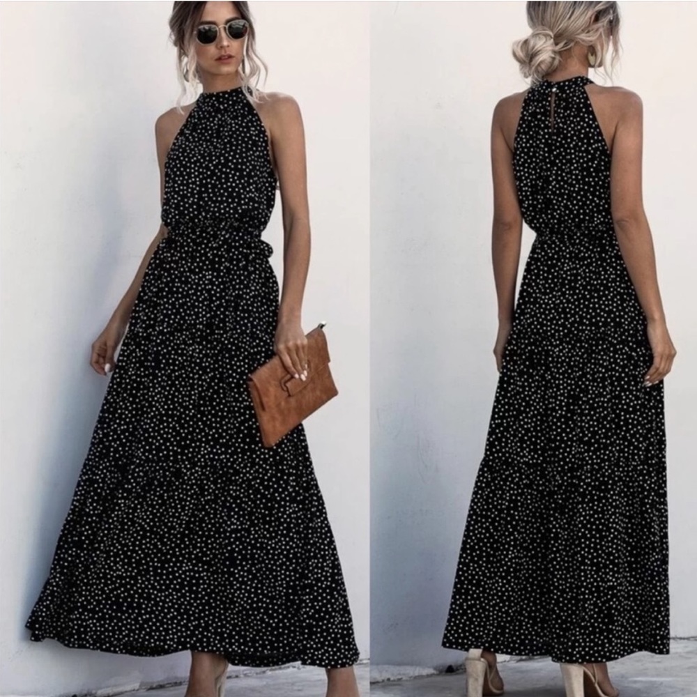 KARA AND KATE Black and White Polka Dot Halter Maxi Dress